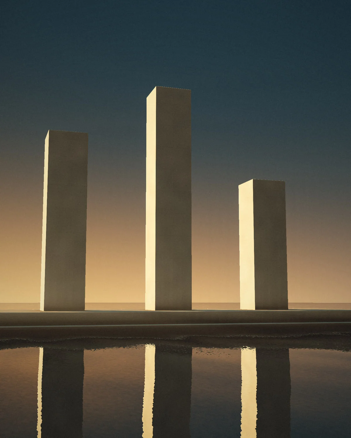 Three stone piers of different heights standing on one base in still water