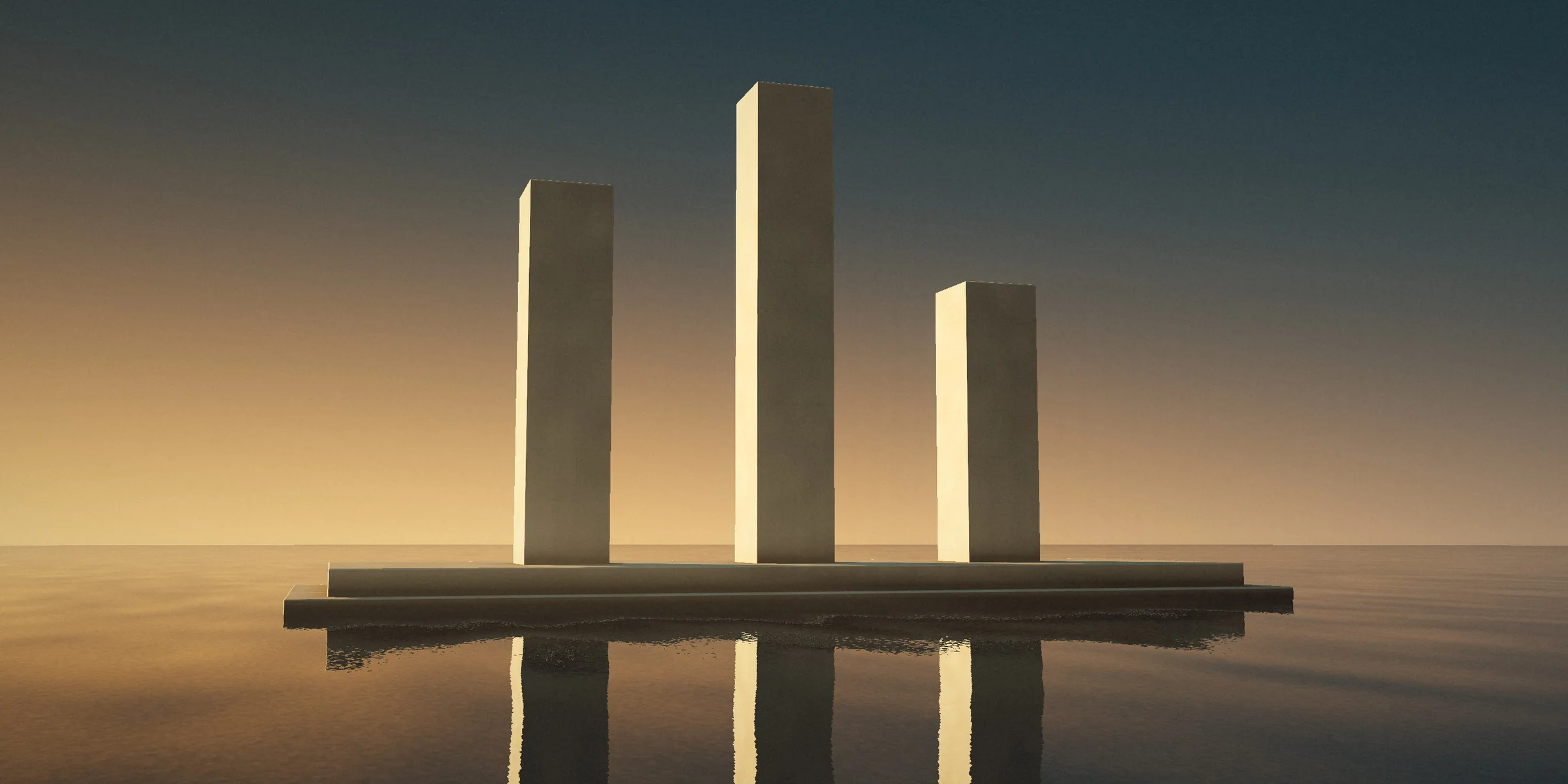 Three stone piers of different heights standing on one base in still water