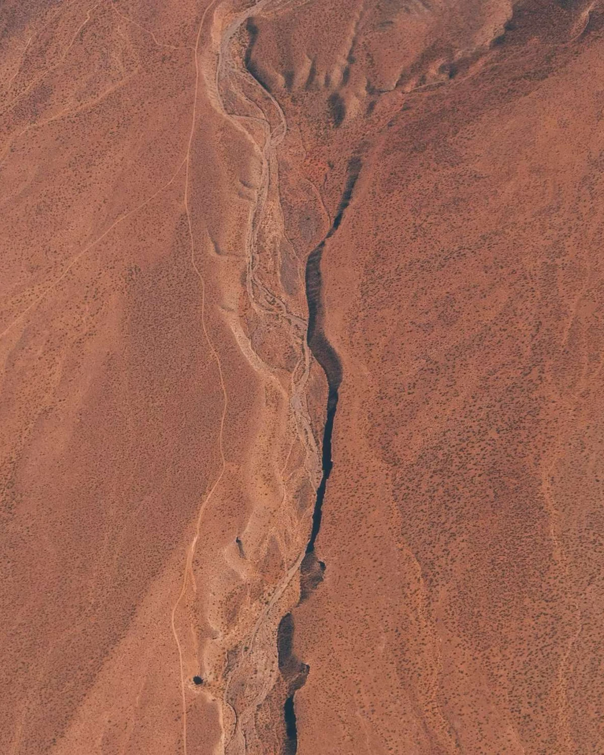 An aerial view of a dry wadi cutting through red desert